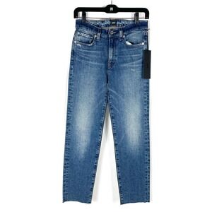 Edwin Bree Jeans Abyss Blue High Rise Straight Leg Cropped Raw Hem Sz 26 Women